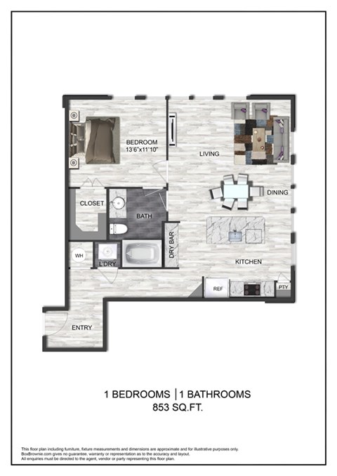 A floor plan of a one bedroom apartment with a bathroom and a kitchen.